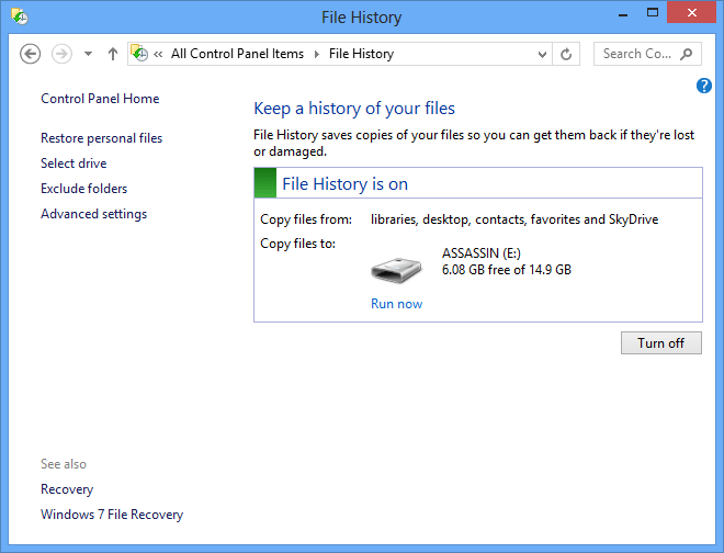 Windows 8 File History Settings