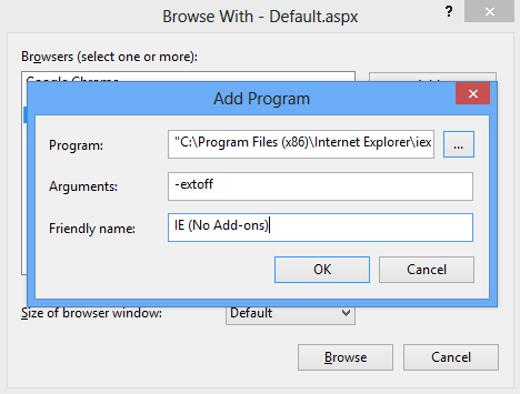 Visual Studio 2012 ASP.NET Add Program Arguments