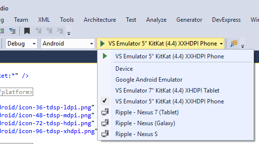 Visual Studio Enterprise 2015 VS Android Emulator Selection