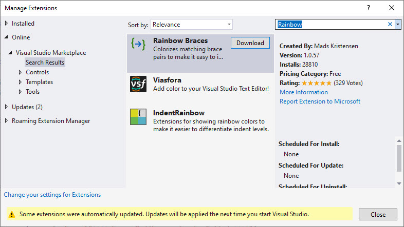 Rainbow Braces in the Manage Extensions Dialog